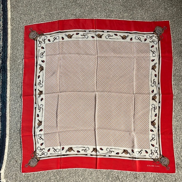 Celine Red and White Equestrian Silk Scarf - Picture 1 of 3